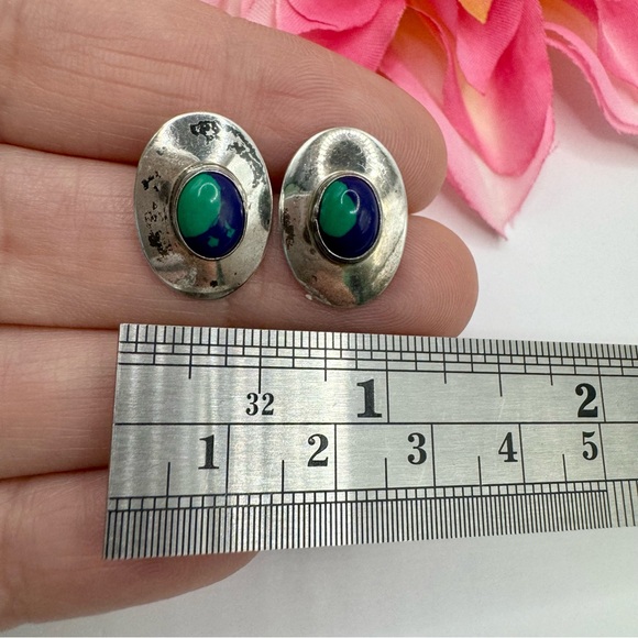 Vintage SJ Selena Jake Navajo Handmade Azurite Stud Earrings Sterling Silver 925 - Picture 7 of 9
